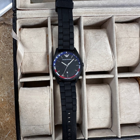 Emporio Armani Black Watch with Blue and Red Details